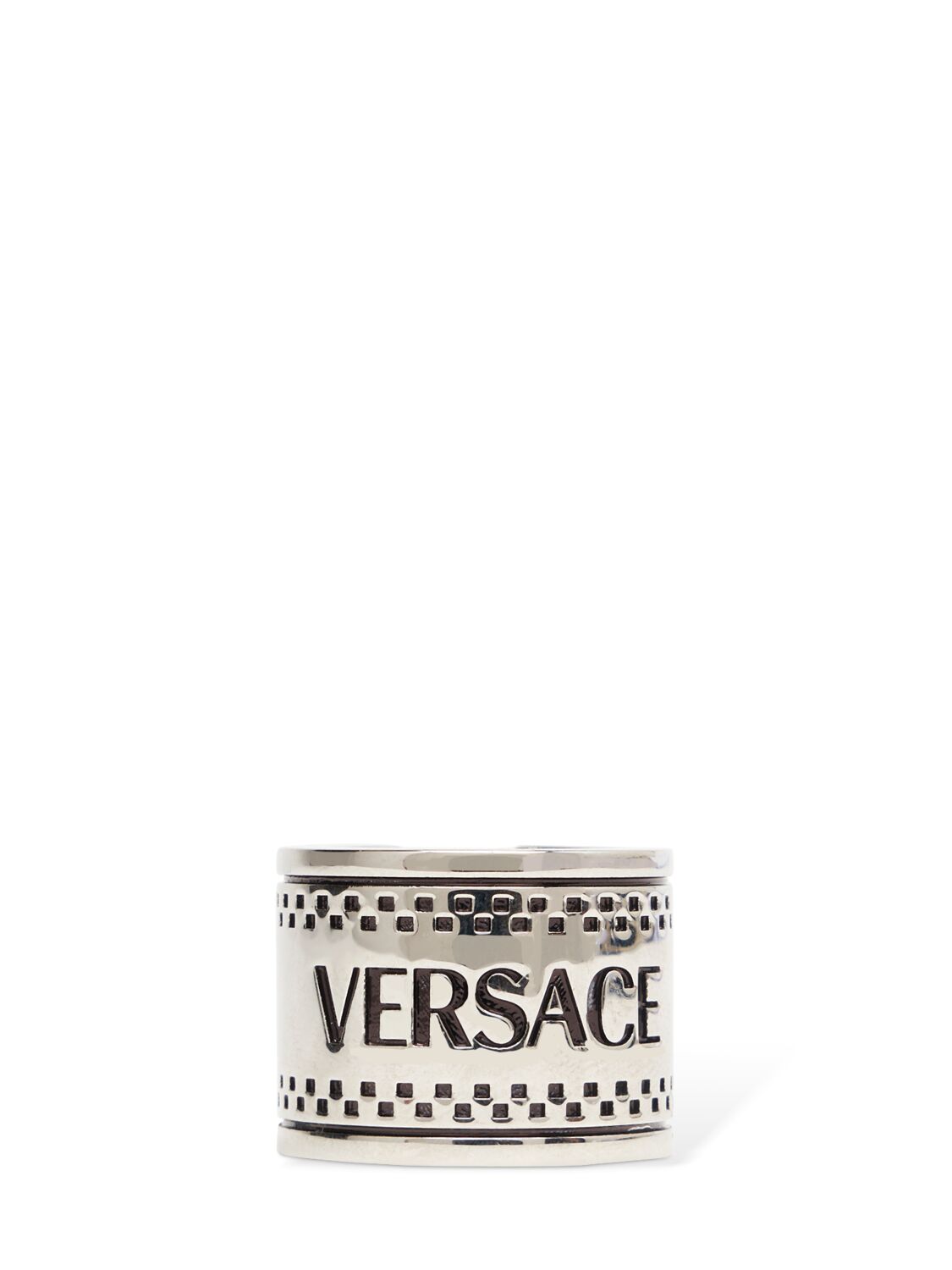 Versace Metal Logo Ring In 4j750-palladium