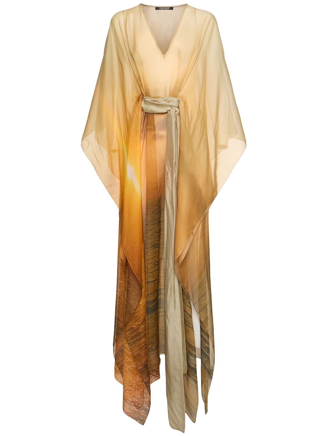 Roberto Cavalli Printed Silk Chiffon Long Caftan Dress In Multi